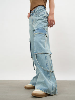 Ice Blue Loop Detail Cargo Jeans-SASSAFRAS