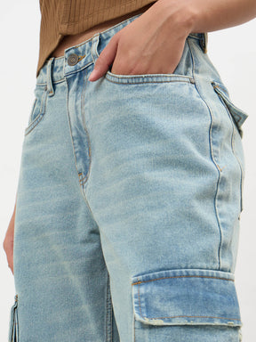Ice Blue Loop Detail Cargo Jeans-SASSAFRAS