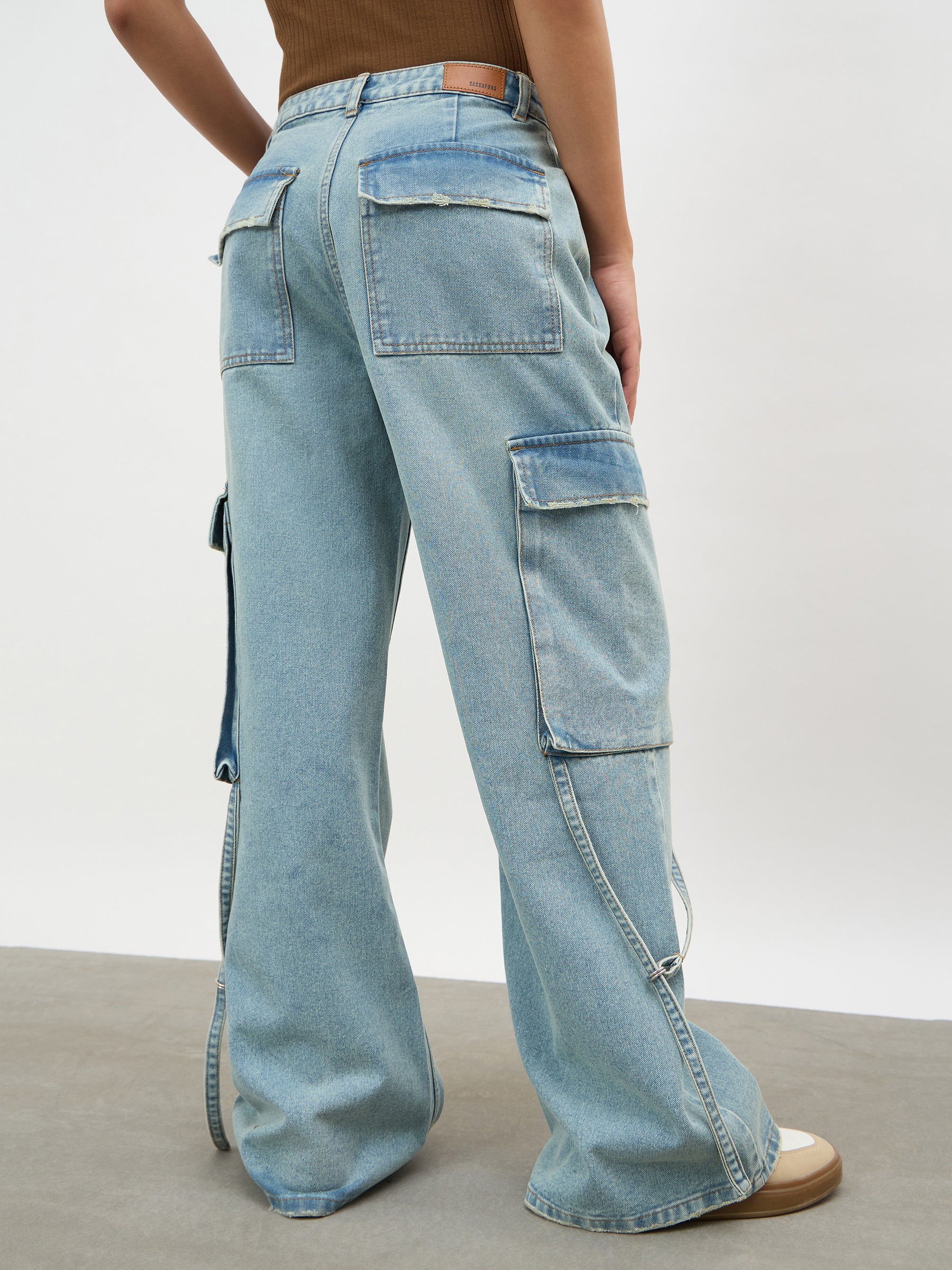 Ice Blue Loop Detail Cargo Jeans-SASSAFRAS