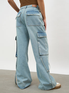 Ice Blue Loop Detail Cargo Jeans-SASSAFRAS