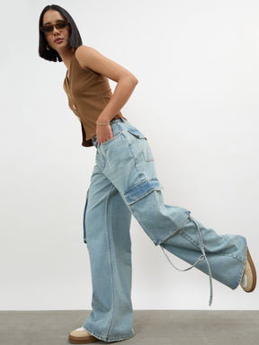 Women Ice Blue Loop Detail Cargo Jeans