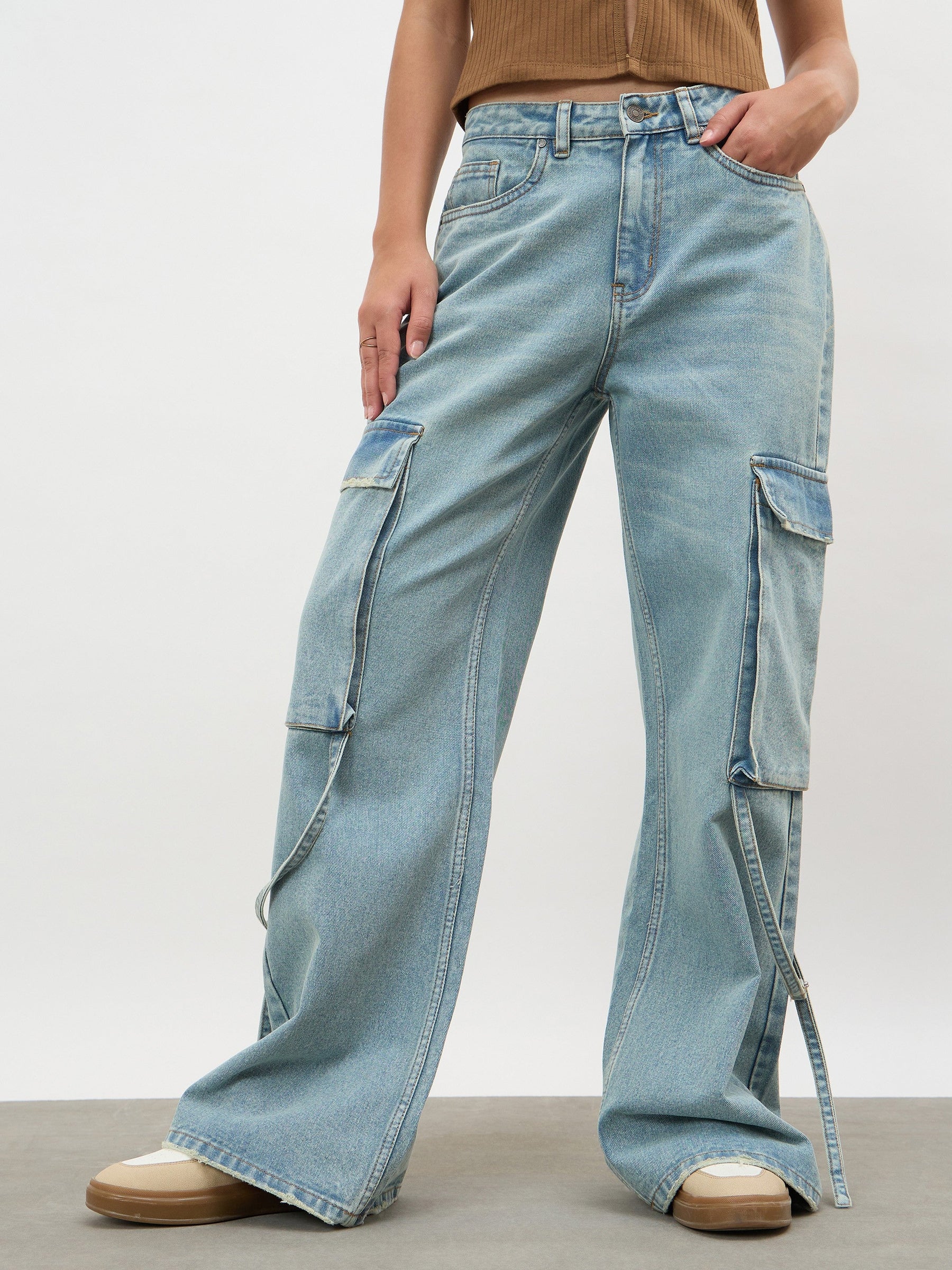 Women Ice Blue Loop Detail Cargo Jeans