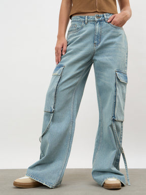 Women Ice Blue Loop Detail Cargo Jeans