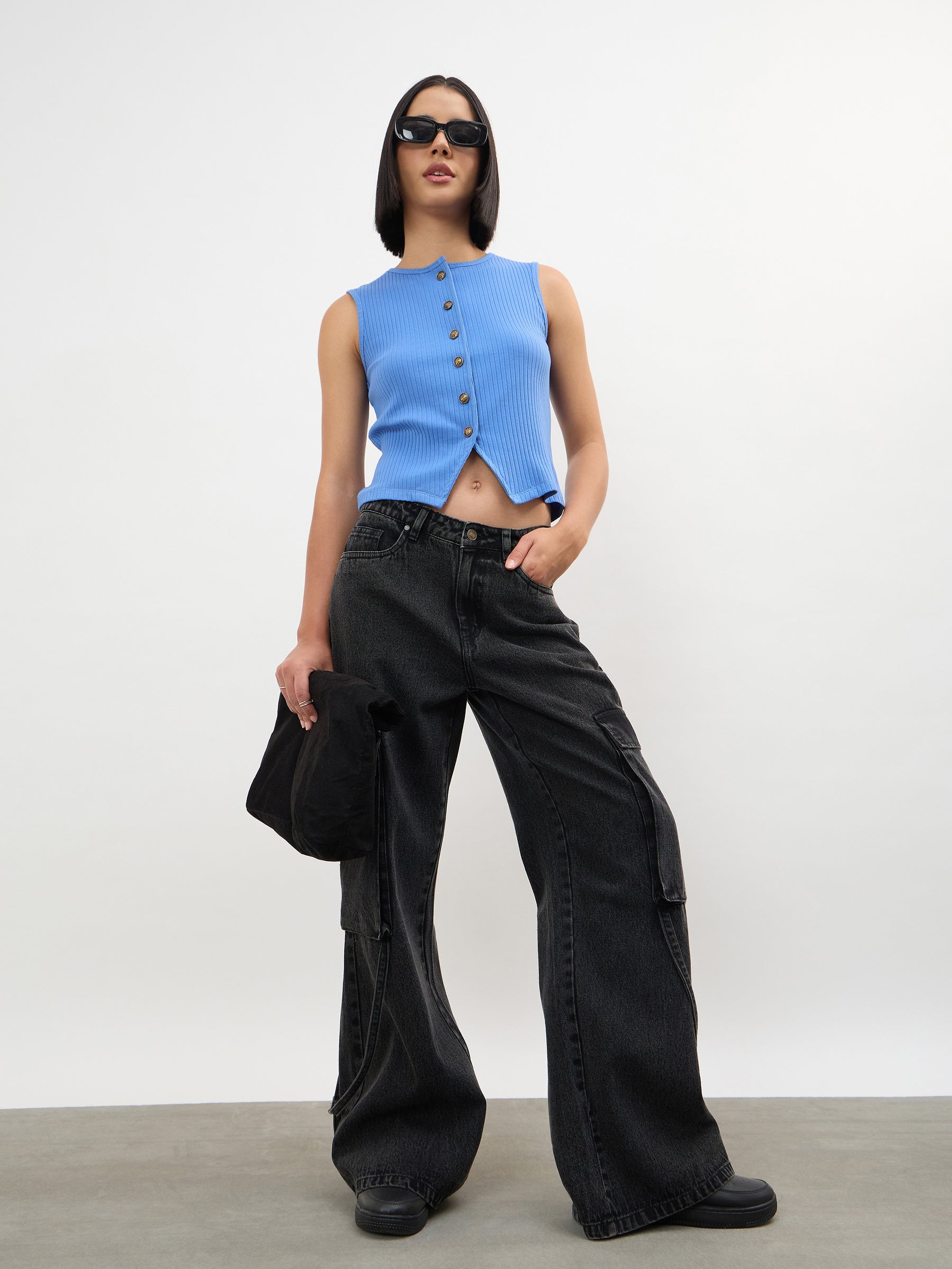 Black Wash Loop Detail Cargo Jeans-SASSAFRAS
