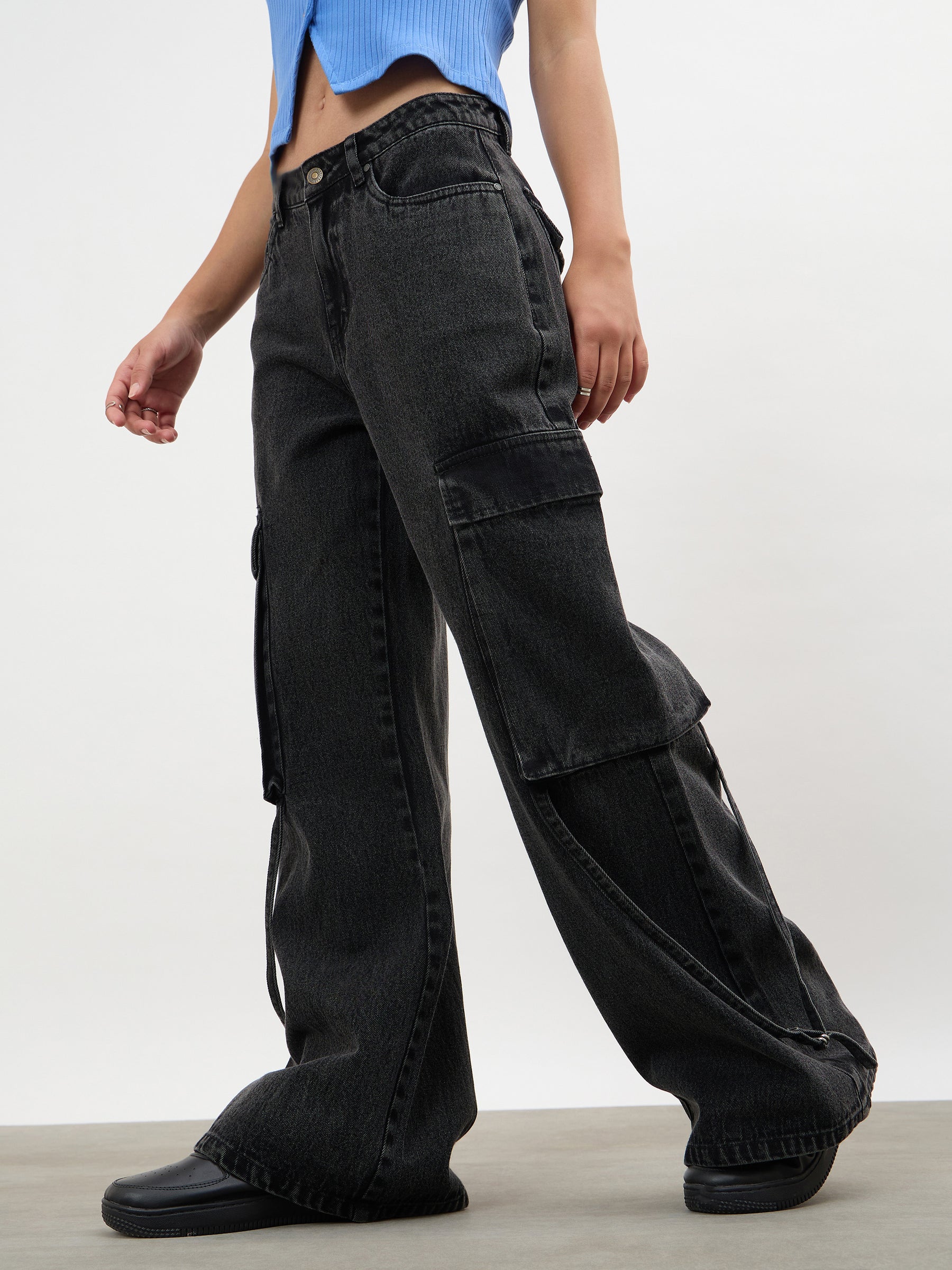Black Wash Loop Detail Cargo Jeans-SASSAFRAS