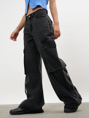 Black Wash Loop Detail Cargo Jeans-SASSAFRAS