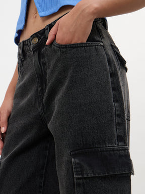 Black Wash Loop Detail Cargo Jeans-SASSAFRAS