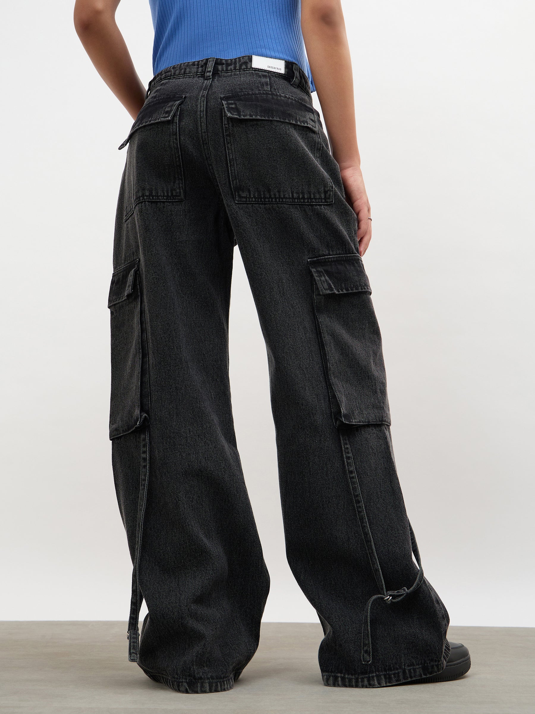 Black Wash Loop Detail Cargo Jeans-SASSAFRAS