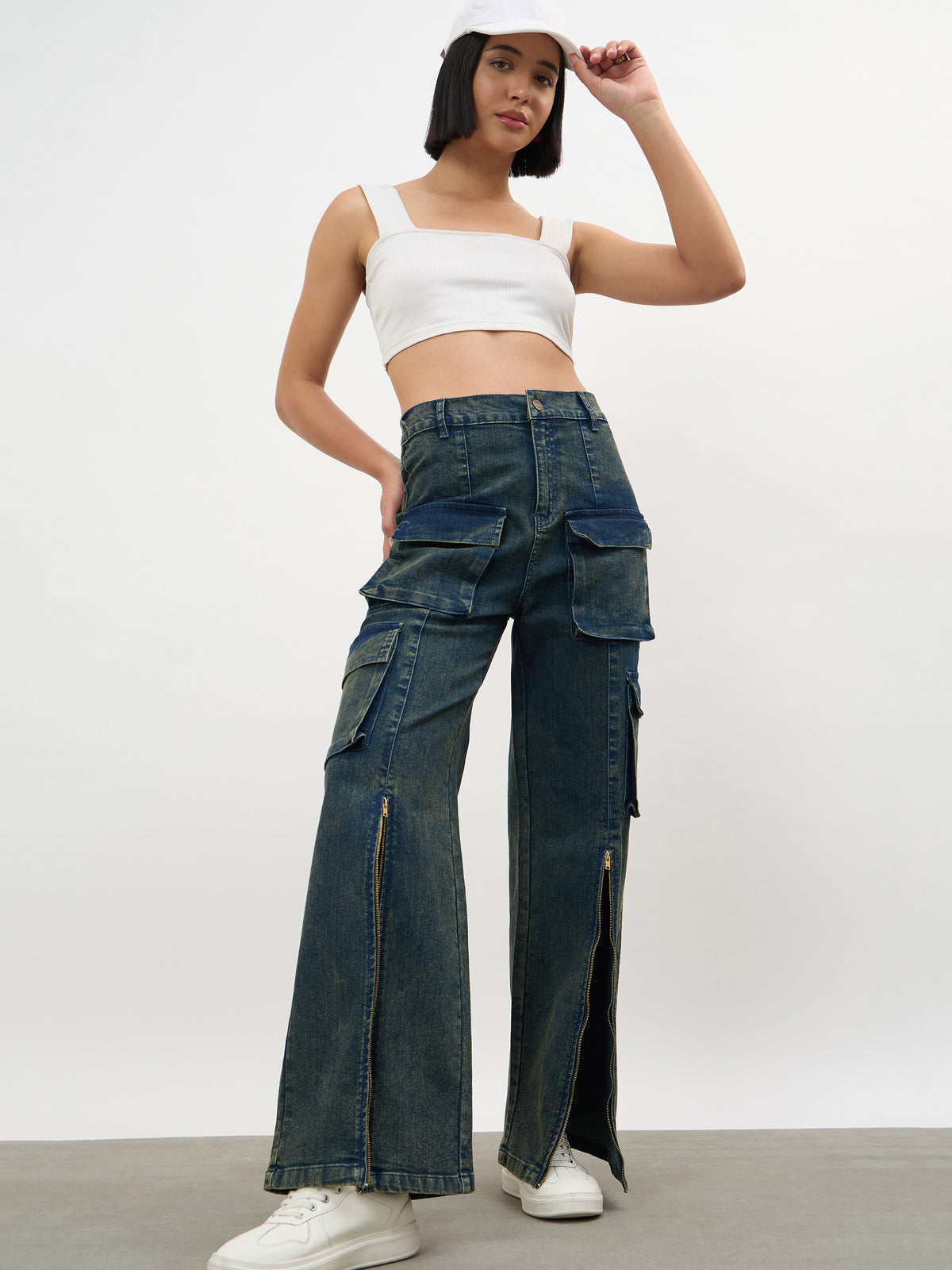 Navy Acid Wash Hem Zipper Cargo Straight Jeans-SASSAFRAS