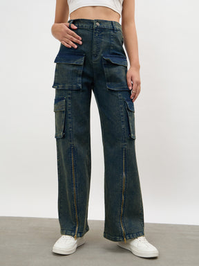 Navy Acid Wash Hem Zipper Cargo Straight Jeans-SASSAFRAS