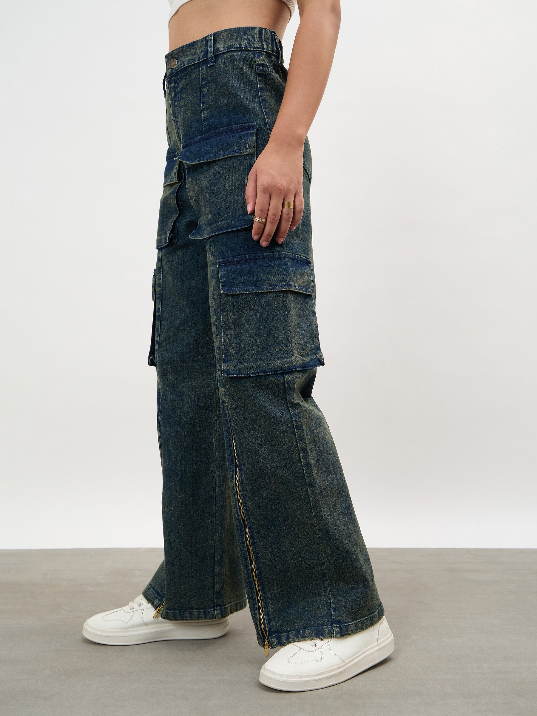 Navy Acid Wash Hem Zipper Cargo Straight Jeans-SASSAFRAS