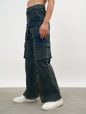 Navy Acid Wash Hem Zipper Cargo Straight Jeans-SASSAFRAS
