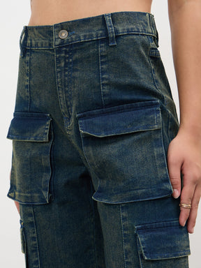 Navy Acid Wash Hem Zipper Cargo Straight Jeans-SASSAFRAS