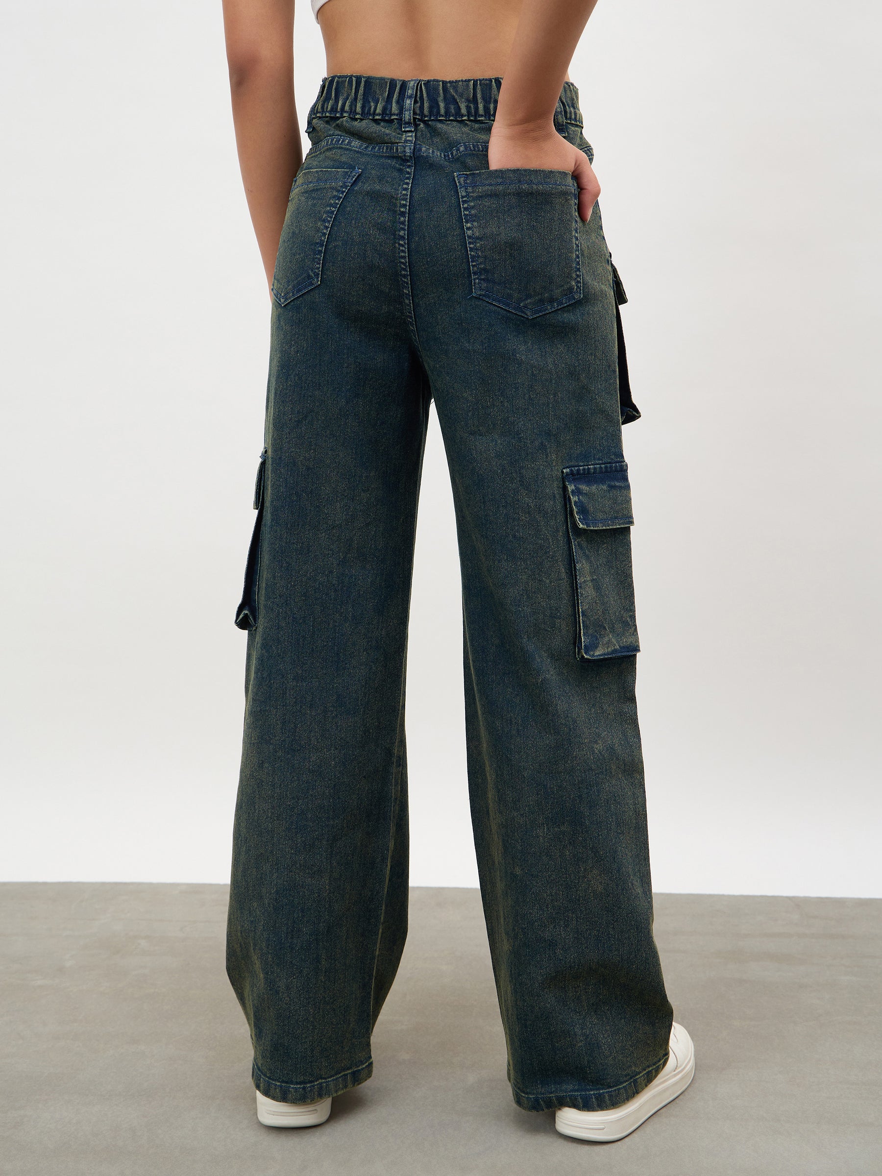 Navy Acid Wash Hem Zipper Cargo Straight Jeans-SASSAFRAS