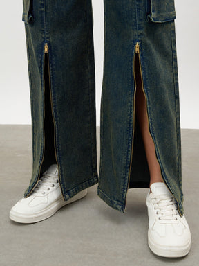 Women Navy Acid Wash Hem Zipper Cargo Straight Jeans