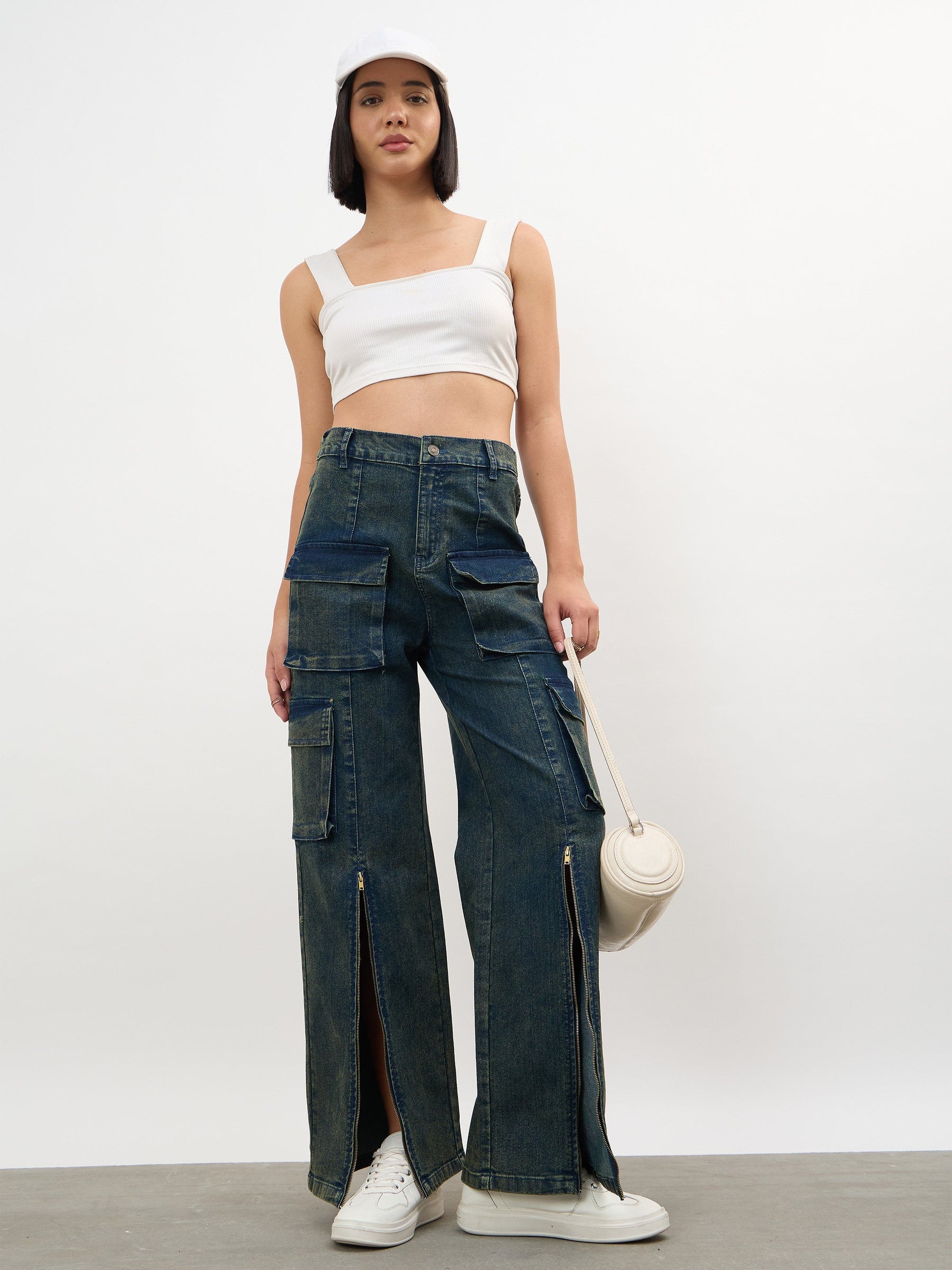 Women Navy Acid Wash Hem Zipper Cargo Straight Jeans