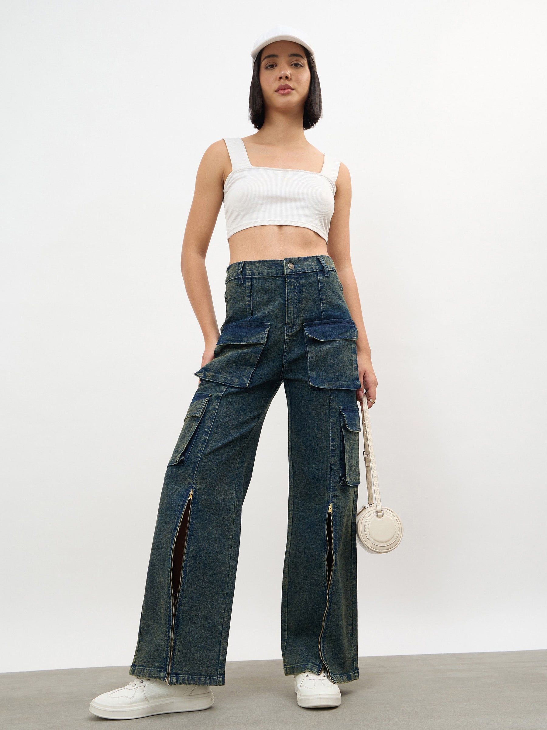 Women Navy Acid Wash Hem Zipper Cargo Straight Jeans