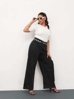 Black Blast Denim Side Seam Basic Straight Jeans -SASSAFRAS Curve