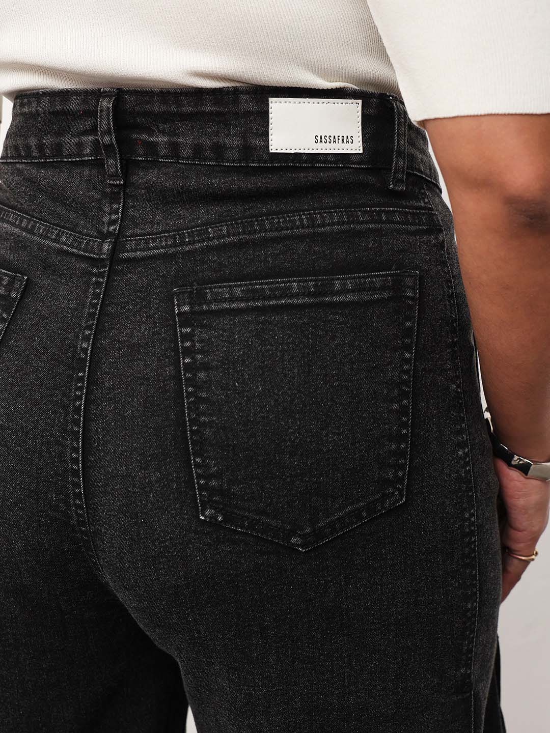 Women Black Blast Denim Side Seam Basic Straight Jeans