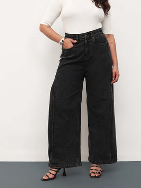 Women Black Blast Denim Side Seam Basic Straight Jeans