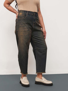 Blue Acid Wash Denim Raw Hem Basic Mom Fit Jeans-SASSAFRAS Curve