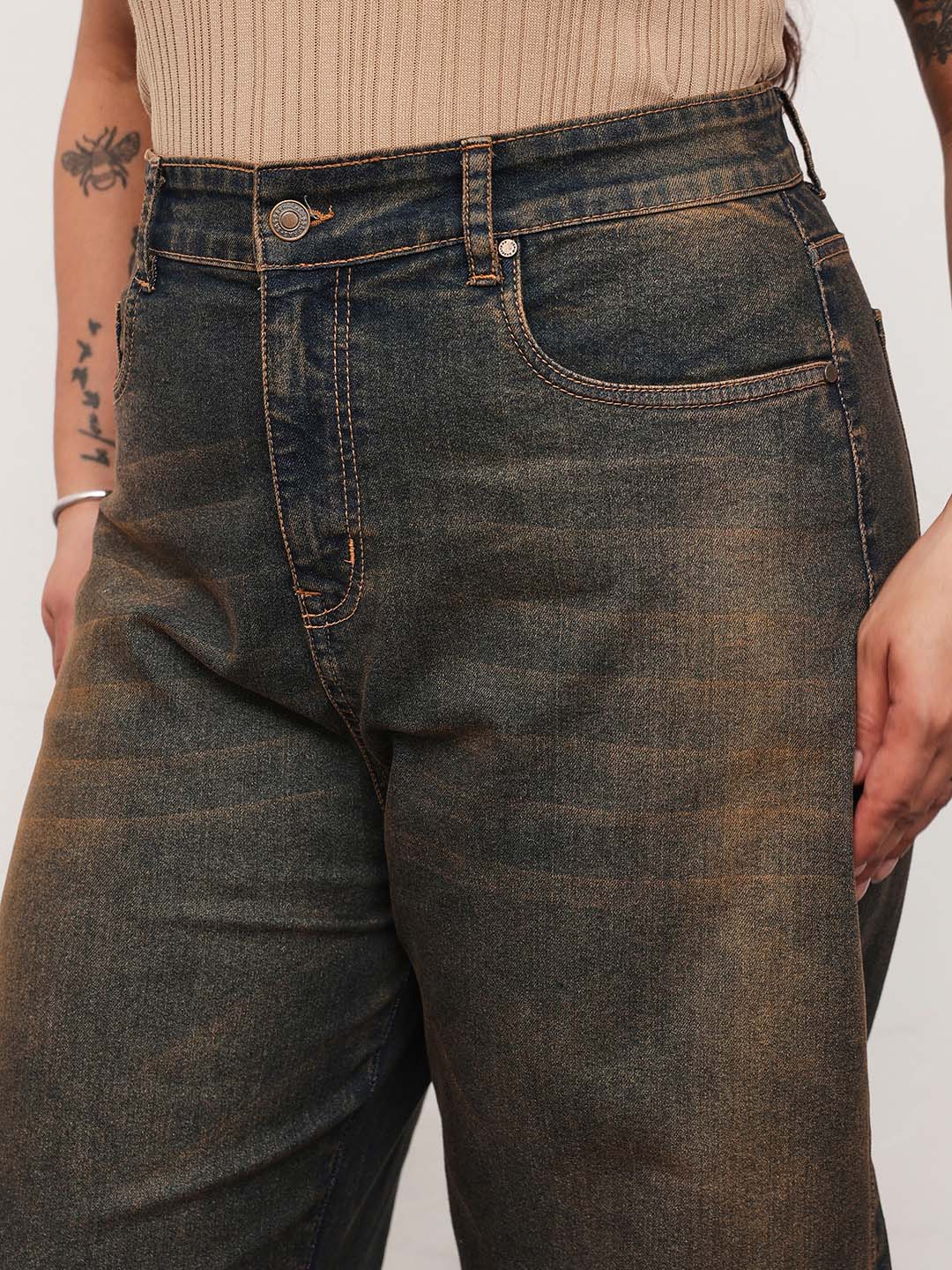 Blue Acid Wash Denim Raw Hem Basic Mom Fit Jeans-SASSAFRAS Curve