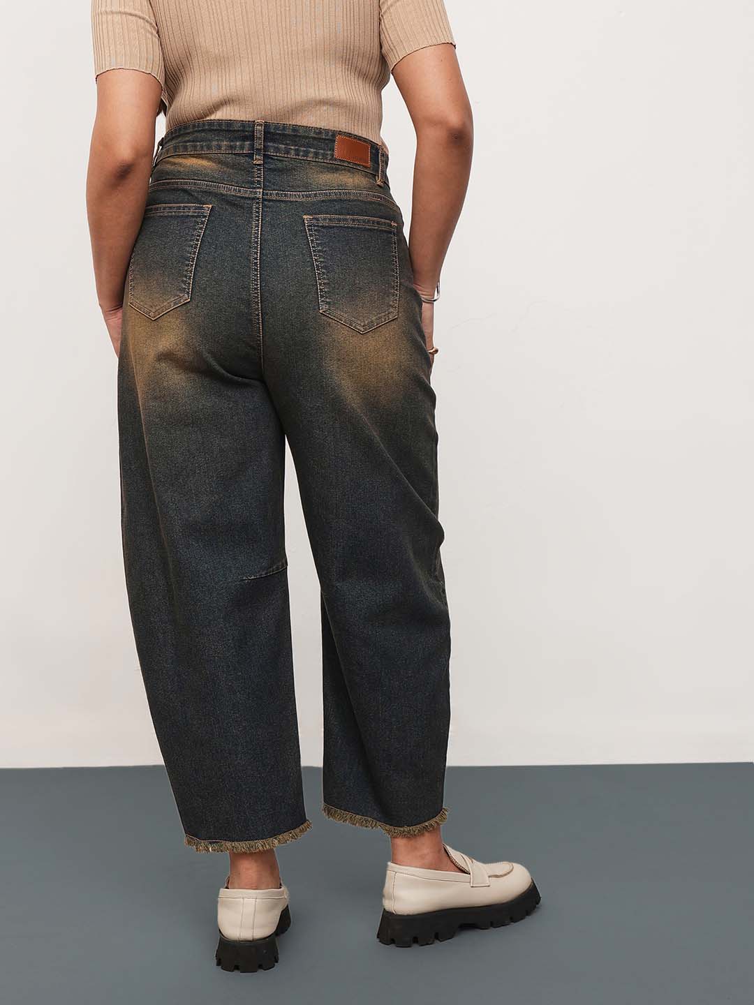 Blue Acid Wash Denim Raw Hem Basic Mom Fit Jeans-SASSAFRAS Curve