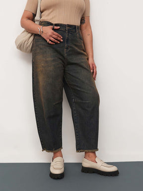 Women Blue Acid Wash Denim Raw Hem Basic Mom Fit Jeans