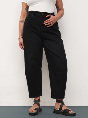 Jet Black Denim Raw Hem Basic Mom Fit Jeans-SASSAFRAS Curve