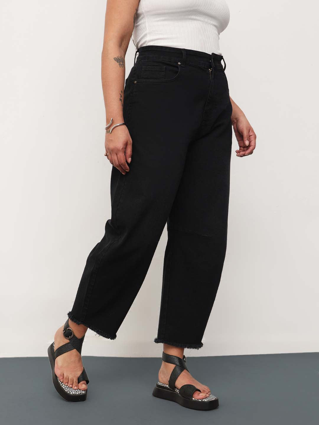Jet Black Denim Raw Hem Basic Mom Fit Jeans-SASSAFRAS Curve
