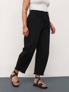 Jet Black Denim Raw Hem Basic Mom Fit Jeans-SASSAFRAS Curve