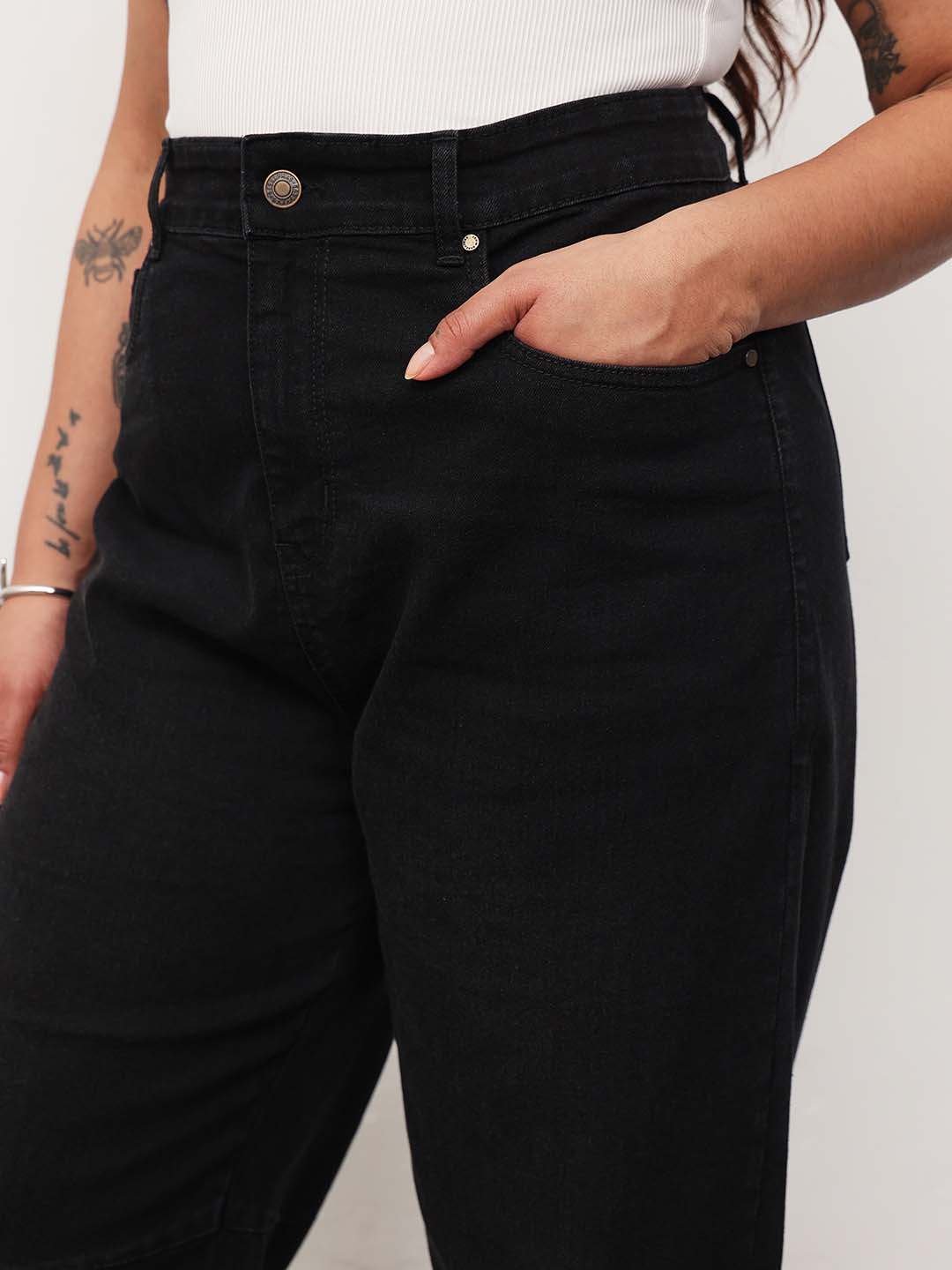 Jet Black Denim Raw Hem Basic Mom Fit Jeans-SASSAFRAS Curve