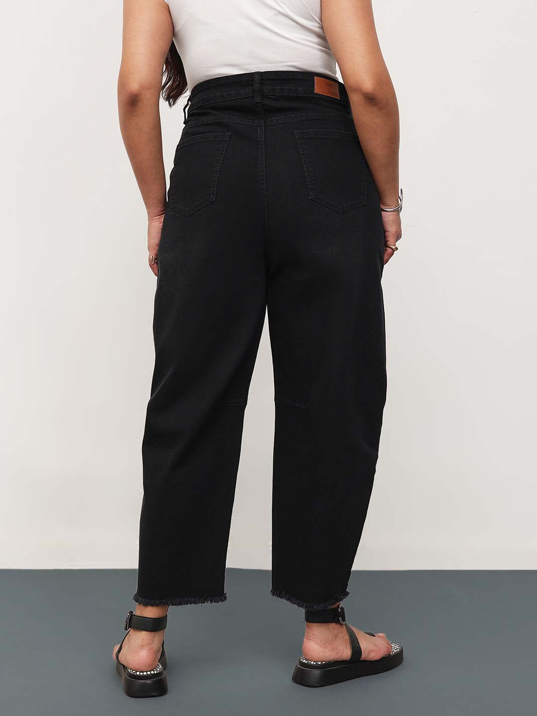 Jet Black Denim Raw Hem Basic Mom Fit Jeans-SASSAFRAS Curve
