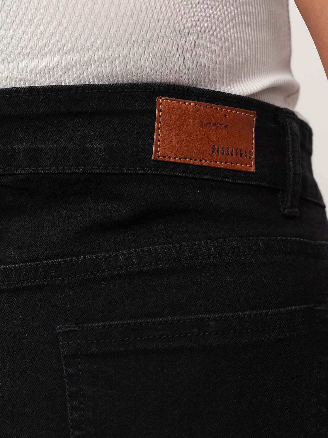 Women Jet Black Denim Raw Hem Basic Mom Fit Jeans