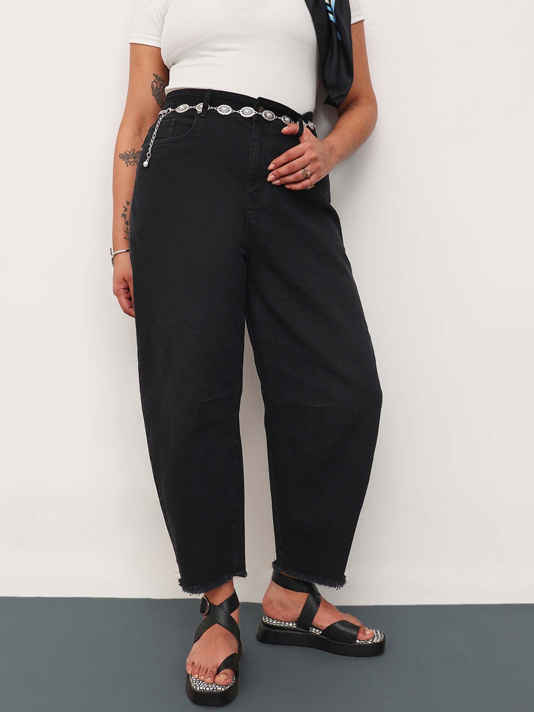 Women Jet Black Denim Raw Hem Basic Mom Fit Jeans