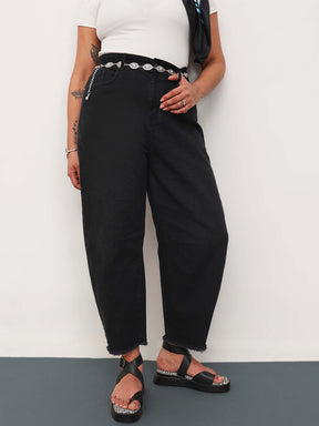 Women Jet Black Denim Raw Hem Basic Mom Fit Jeans