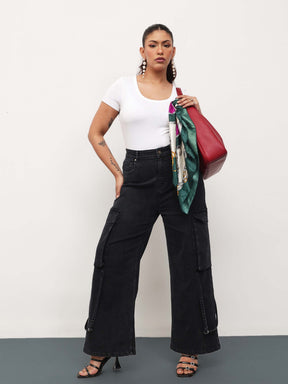 Black Wash Denim Cargo Straight Fit Jeans -SASSAFRAS Curve