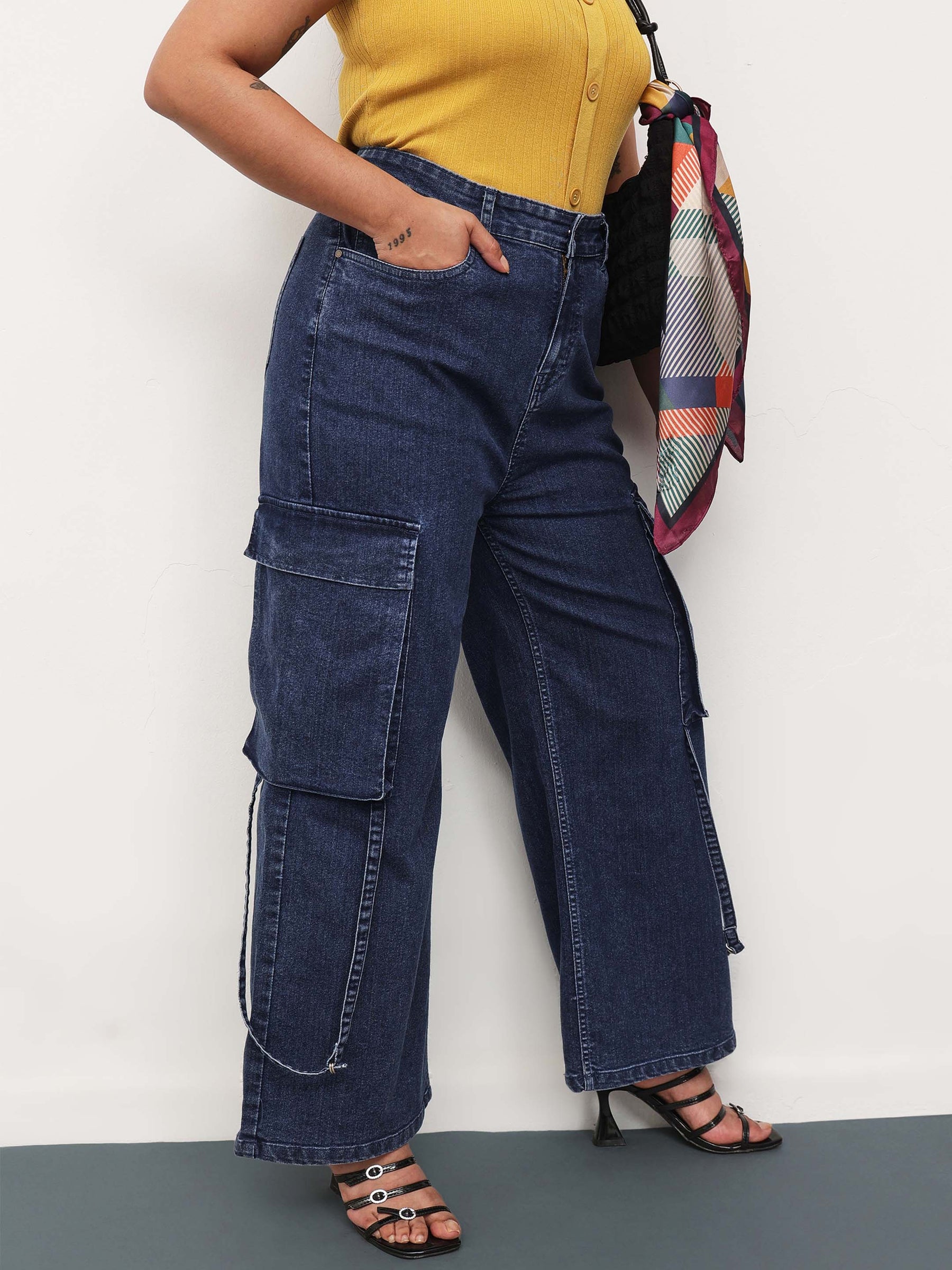 Navy Wash Denim Cargo Straight Fit Jeans -SASSAFRAS Curve