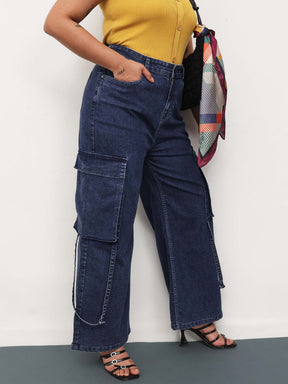 Navy Wash Denim Cargo Straight Fit Jeans -SASSAFRAS Curve