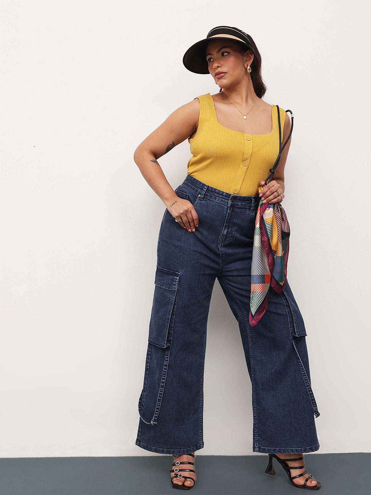Navy Wash Denim Cargo Straight Fit Jeans -SASSAFRAS Curve