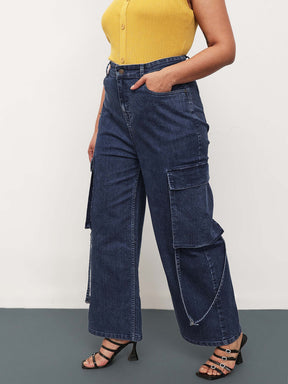 Navy Wash Denim Cargo Straight Fit Jeans -SASSAFRAS Curve