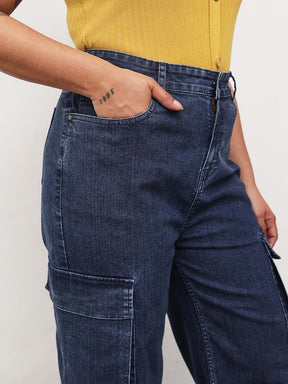 Navy Wash Denim Cargo Straight Fit Jeans -SASSAFRAS Curve