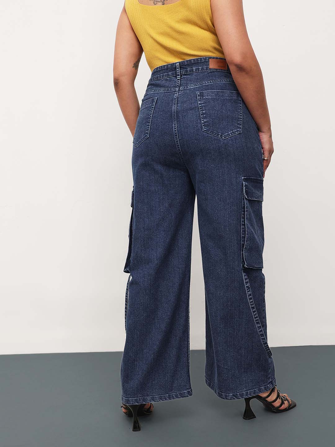 Navy Wash Denim Cargo Straight Fit Jeans -SASSAFRAS Curve