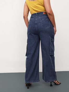 Navy Wash Denim Cargo Straight Fit Jeans -SASSAFRAS Curve