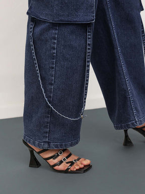Women Navy Wash Denim Cargo Straight Fit Jeans