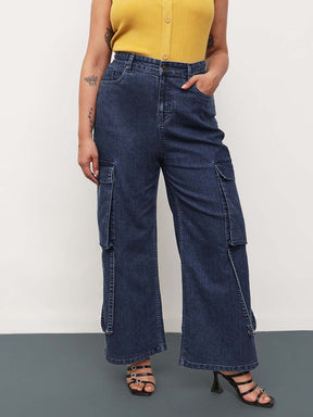 Women Navy Wash Denim Cargo Straight Fit Jeans