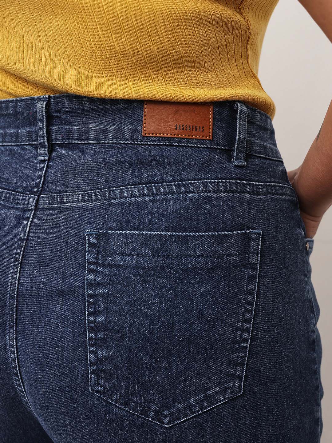 Women Navy Wash Denim Cargo Straight Fit Jeans