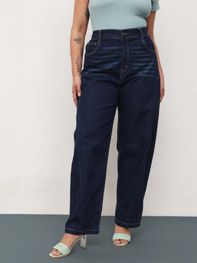Navy Whisker Denim Side Seam Tapered Fit Jeans-SASSAFRAS Curve