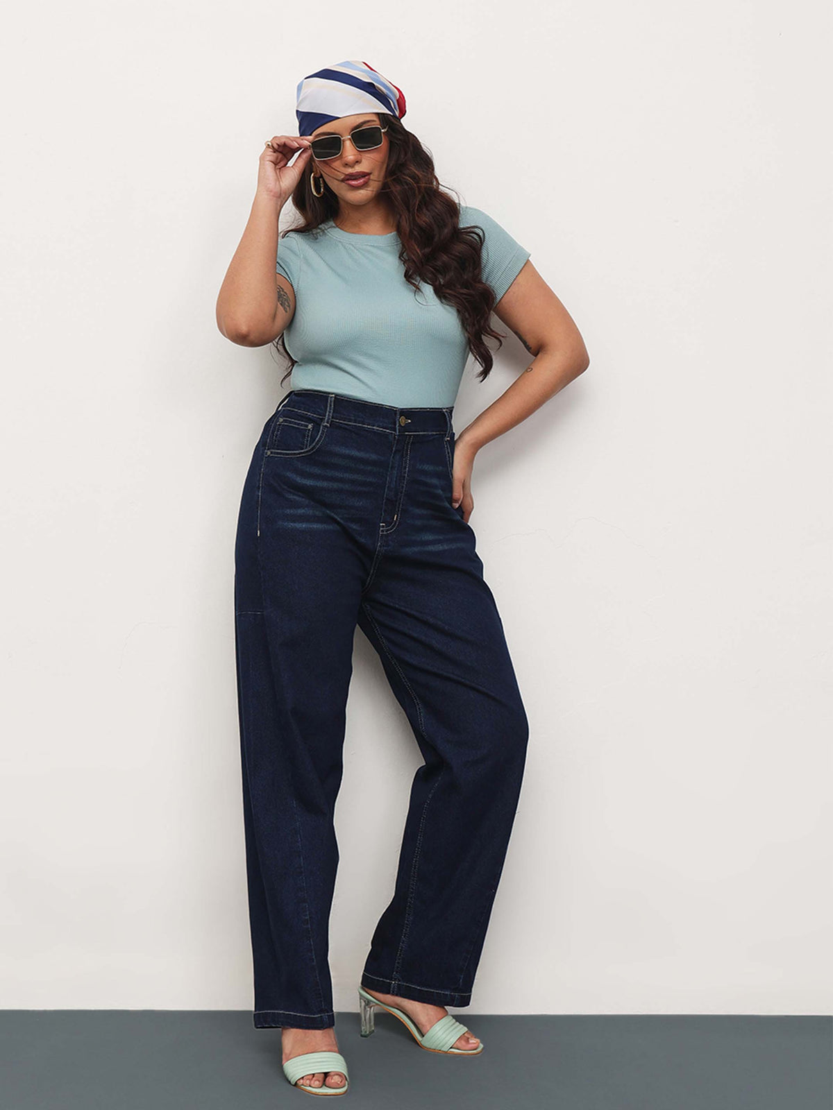 Navy Whisker Denim Side Seam Tapered Fit Jeans-SASSAFRAS Curve