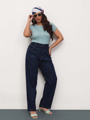 Navy Whisker Denim Side Seam Tapered Fit Jeans-SASSAFRAS Curve